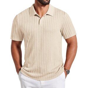 Men's Beige Polo Textured Knit Button Casual Short Sleeve Imported Shirts